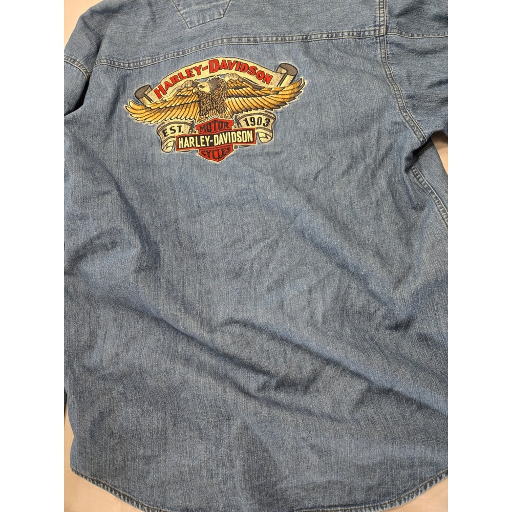 Harley-Davidson Mens Blue Denim Long Sleeve Button Down Shirt Large Moto Riding - Picture 9 of 11
